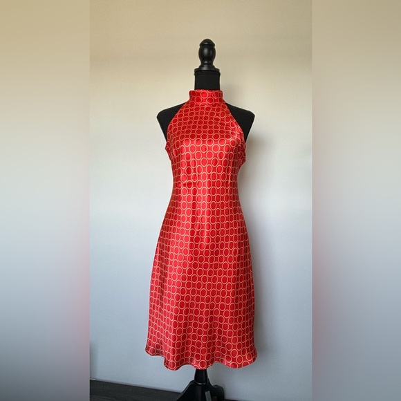 New Women’s Donna Ricco Silk Tie Neck Dress in Orange With Gold Circles Size 6P - Picture 4 of 16